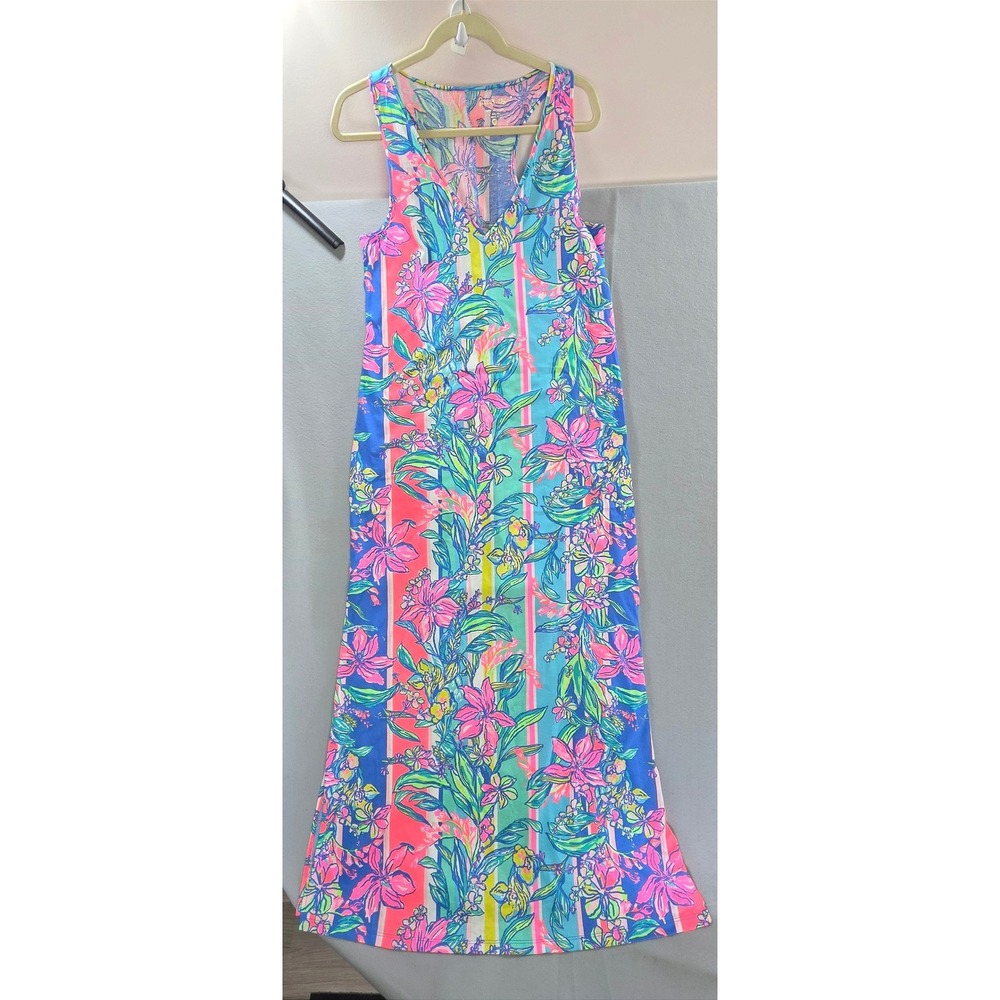 Lilly Pulitzer Preppy Resortwear Maxi Dress L Pima Cotton Tropical Floral Blue